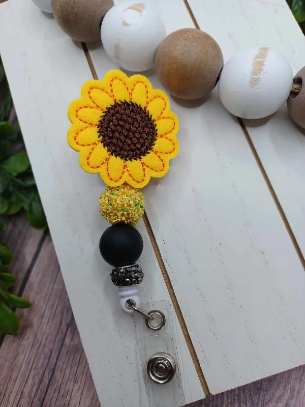 Embroidered Sunflower Retractable Beaded Badge Reel