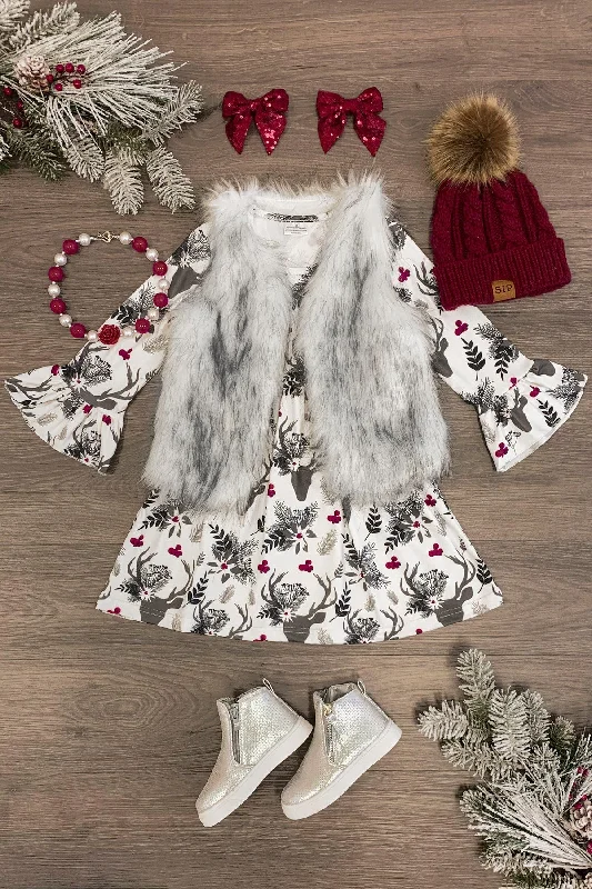Christmas Magic Floral Deer Bell Sleeve Dress