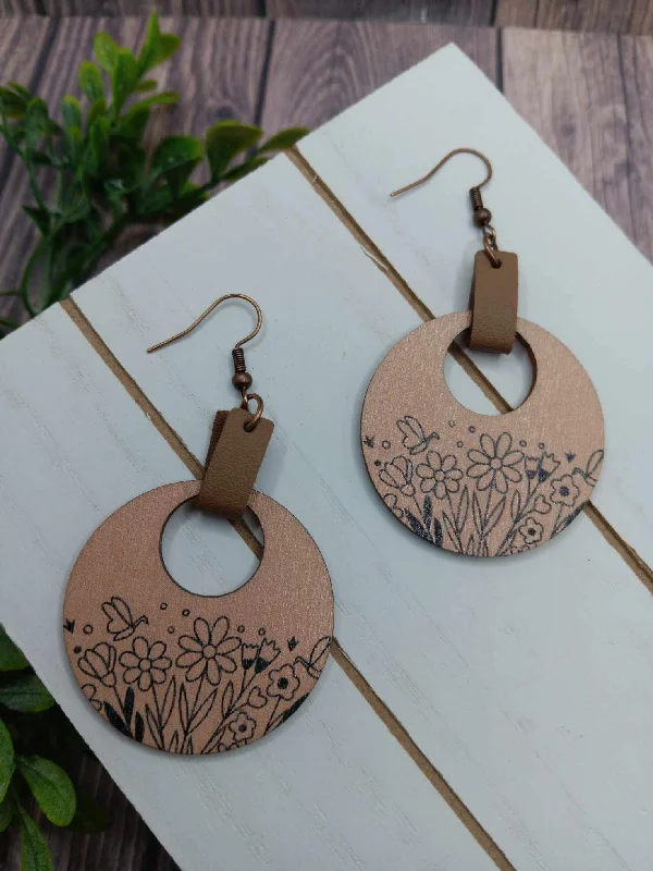 Christmas Homemade Gingerbread Floral Engraved Wooden Style Earrings