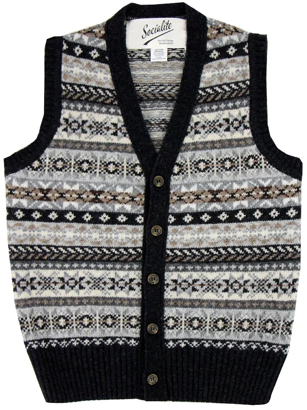 Christmas Magical Traditions Forties Vintage Scottish Wool Buttoned Fairisle Tank Top in Charcoal Grey Christmas Magical Traditions Forties Vintage Scottish Wool Buttoned Fairisle Tank Top in Charcoal Grey