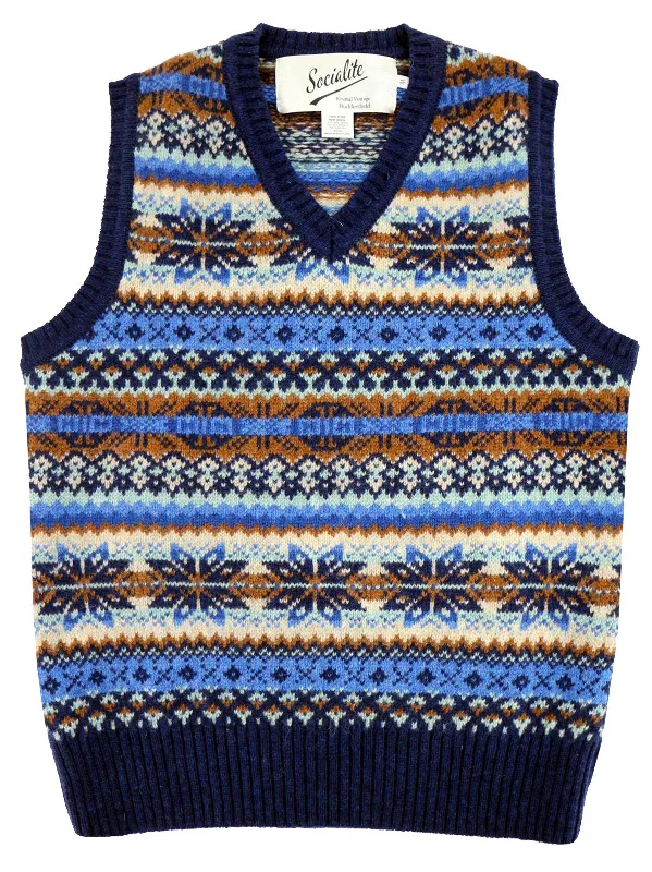 Forties Vintage Scottish Wool Fairisle Knit Tank Top in Starnight Blue