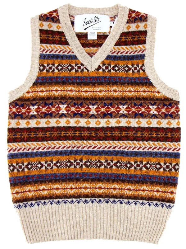 Forties Vintage Scottish Wool Fairisle Tank Top in Ginger Beige