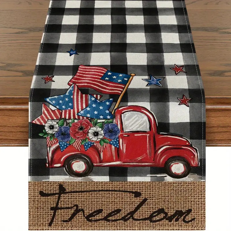 Christmas Pine Tree Freedom Red Truck Table Runner