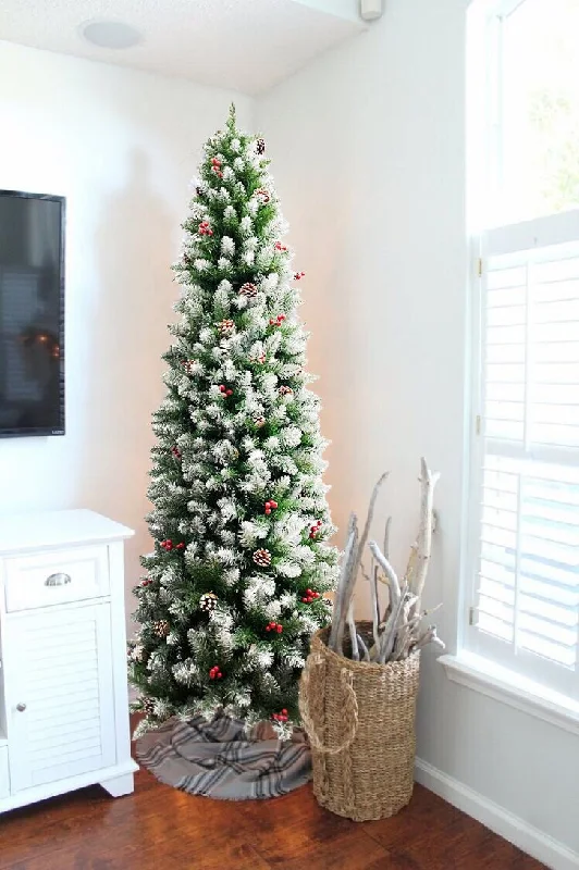 Christmas Warming Cocoa Sips Frosted Norwood Pencil Pine with Pine Cones & Red Berries and Metal Stand Christmas Warming Cocoa Sips Frosted Norwood Pencil Pine with Pine Cones & Red Berries and Metal Stand