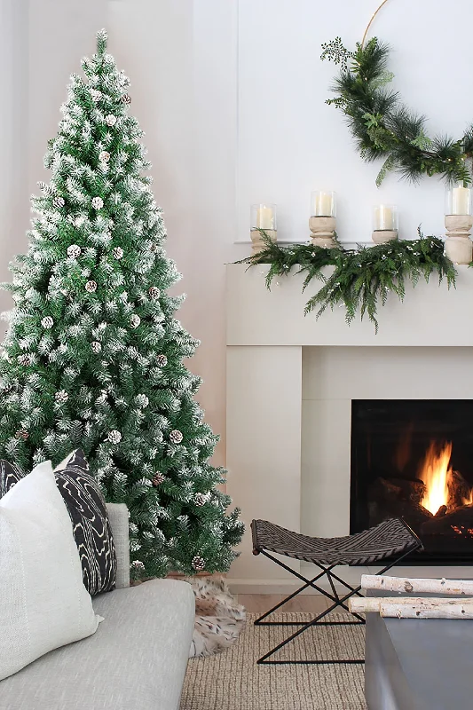 Christmas Twinkling Star Lights Frosted Oregon Fir with Snow Dusted Pine Cones