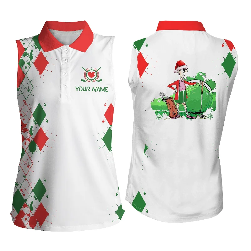 Funny Christmas argyle pattern white Womens sleeveless polo shirts custom golf gifts for grandma NQS4149 Funny Christmas argyle pattern white Womens sleeveless polo shirts custom golf gifts for grandma NQS4149