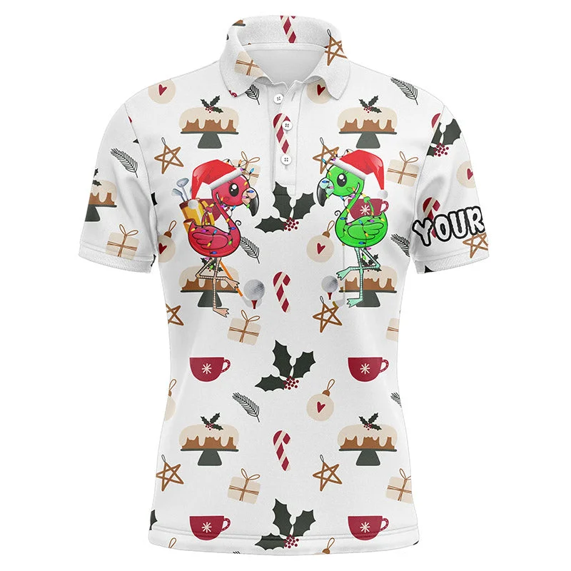 Funny Mens golf polo shirt Christmas background custom name Flamingo golf friends Christmas golf gift NQS4150 Funny Mens golf polo shirt Christmas background custom name Flamingo golf friends Christmas golf gift NQS4150
