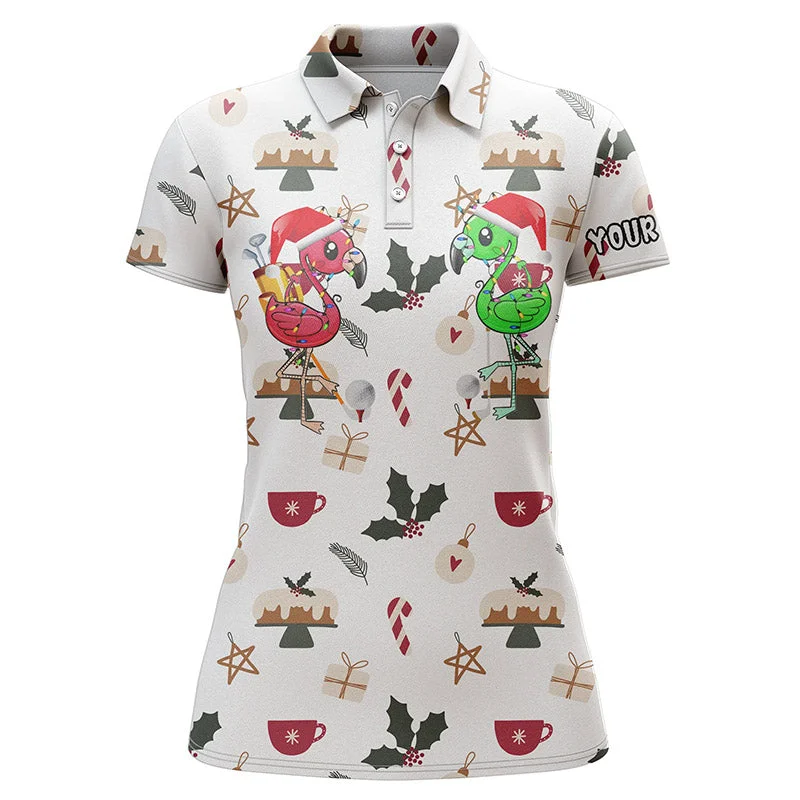Funny women golf polo shirt Christmas background custom name Flamingo golf friends Christmas golf gift NQS4150 Funny women golf polo shirt Christmas background custom name Flamingo golf friends Christmas golf gift NQS4150