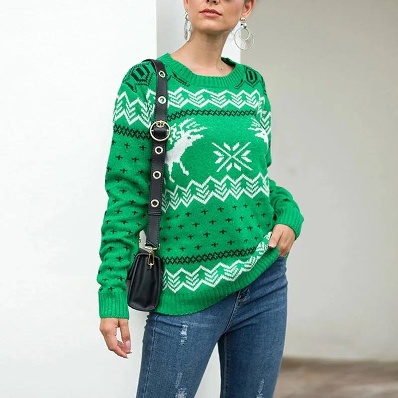 Christmas Movie Night Geometric Pattern Printed Xmas Christmas Party Green Sweater
