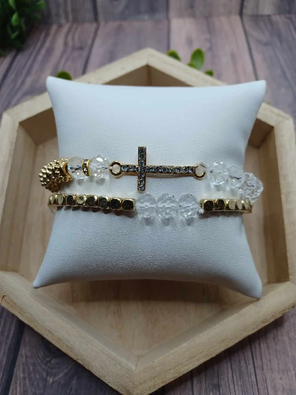 Christmas Fireside Hot Drinks Gold & Clear Cross Bracelet Set