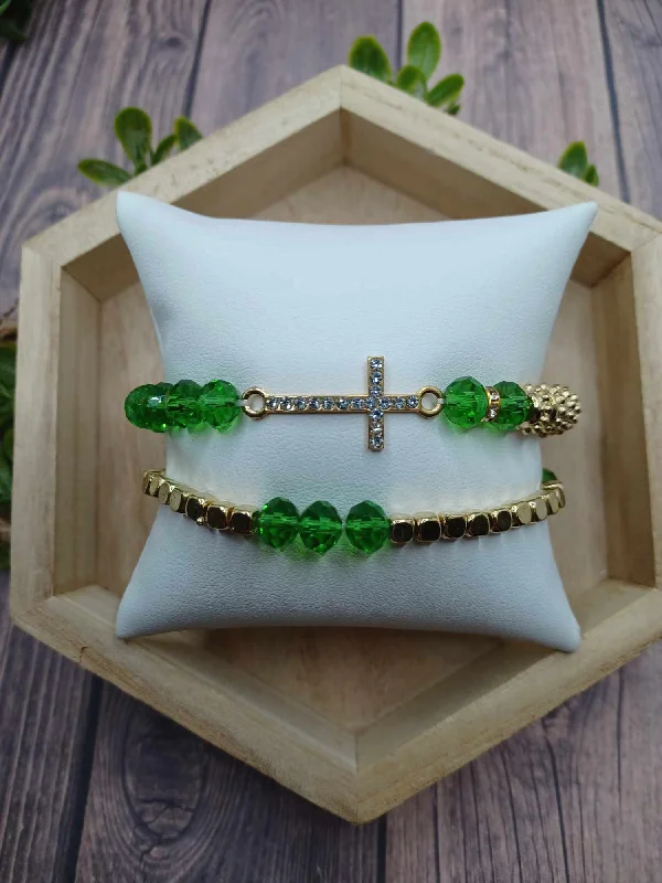 Christmas Midnight Fun Gold & Green Cross Bracelet Set