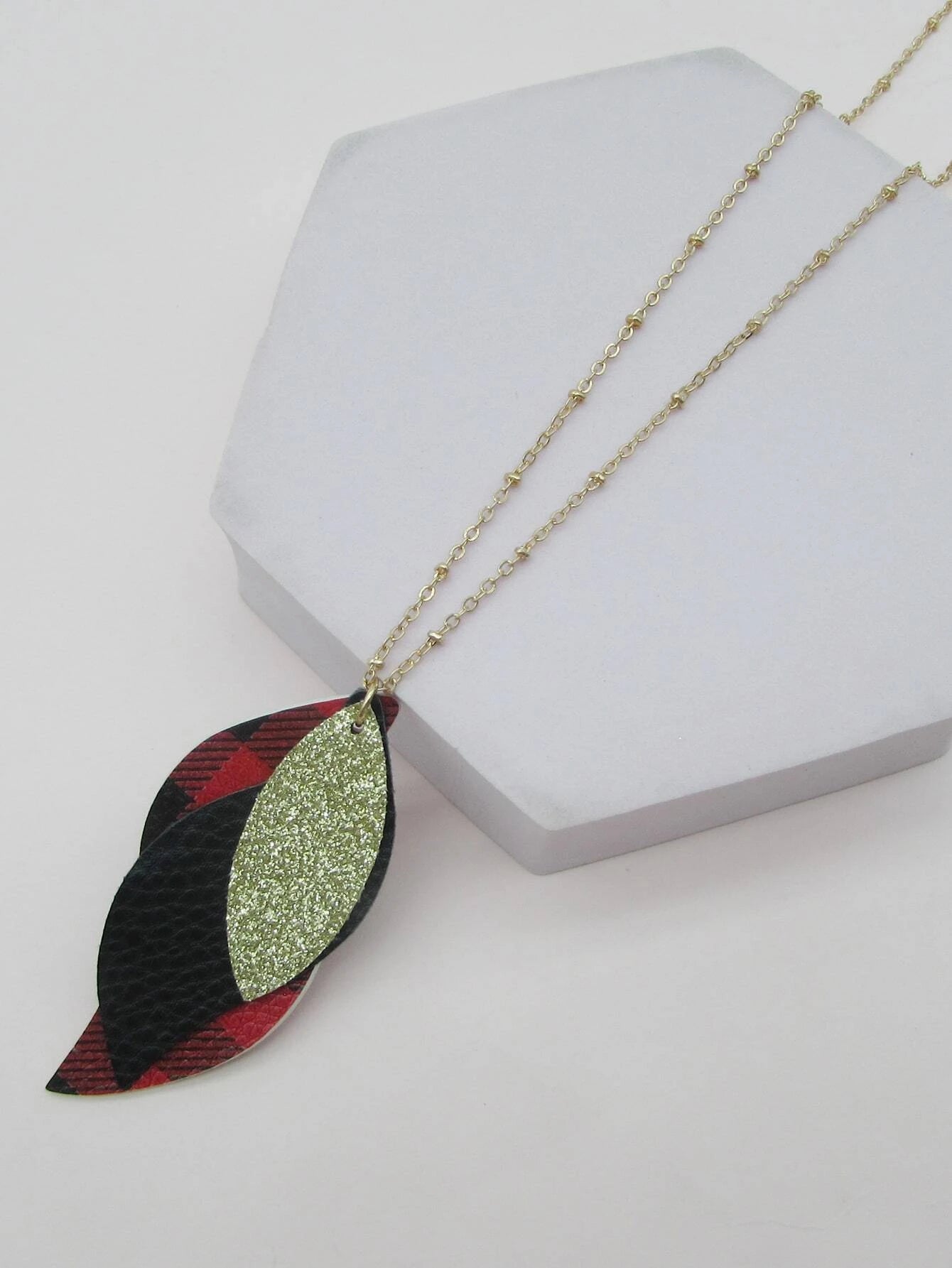 Christmas Wonderland Gold Necklace w/ Triple Layered Gold Glitter & Buffalo Plaid Pendant