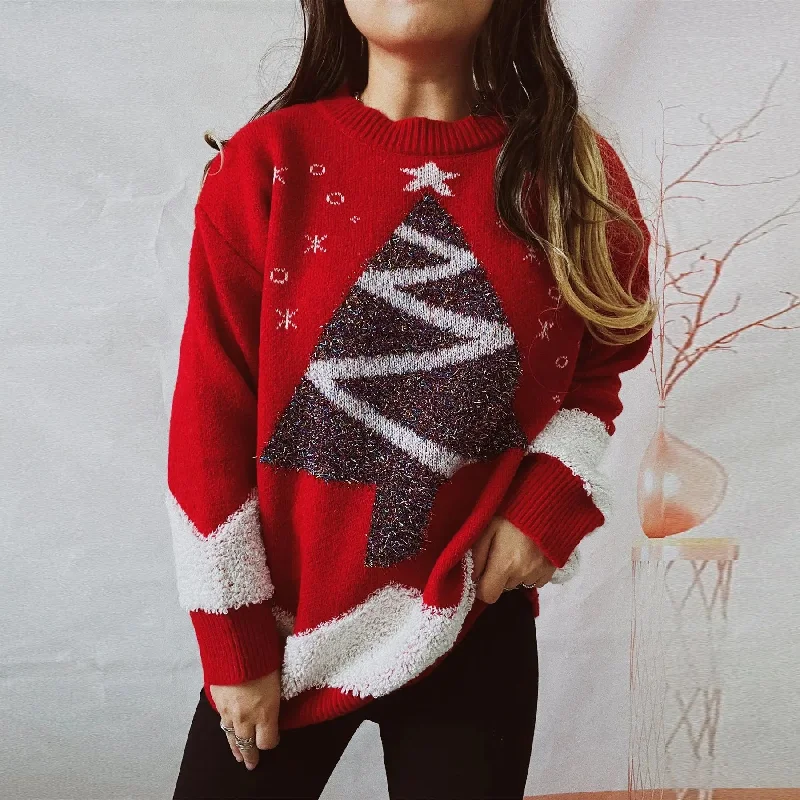 Christmas Enchanting Celebrations Gold Thread Flocked Round Neck Long Sleeved Loose Knit Pullover Christmas Sweater Christmas Enchanting Celebrations Gold Thread Flocked Round Neck Long Sleeved Loose Knit Pullover Christmas Sweater