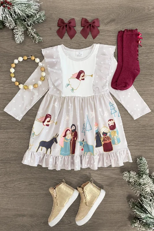 Christmas Handmade Pine Wreaths Gray Star Nativity Ruffle Dress