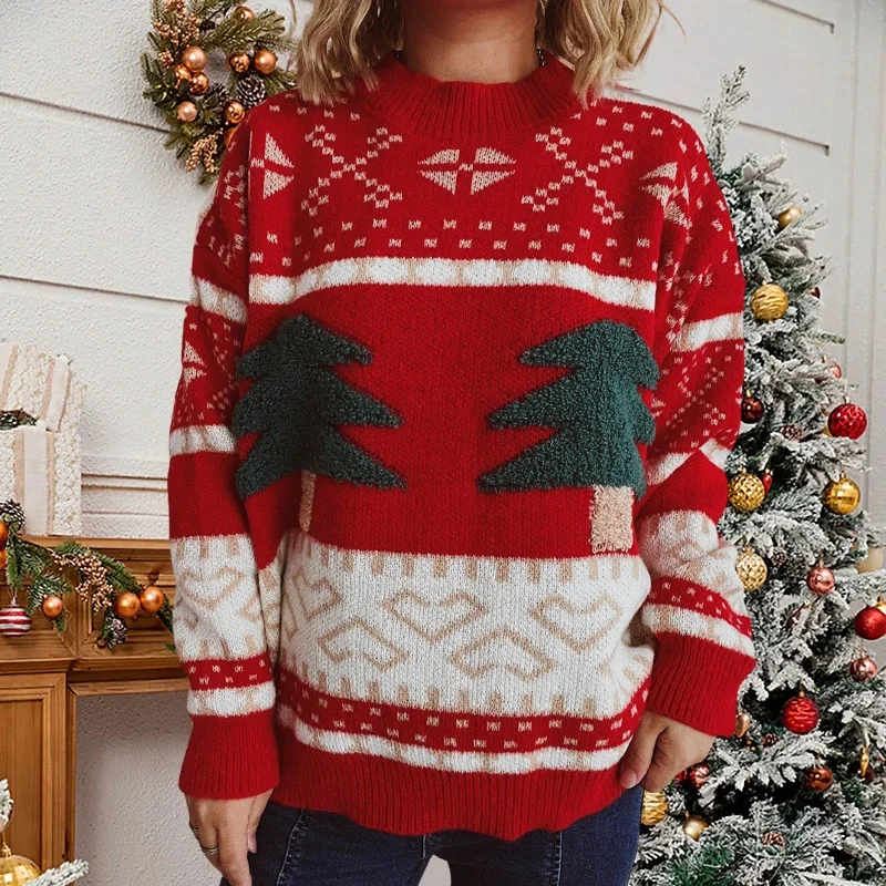 Christmas Crackling Bonfire Green Christmas Sweater with Tree Embroidery - Casual Loose Retro Style Christmas Crackling Bonfire Green Christmas Sweater with Tree Embroidery - Casual Loose Retro Style