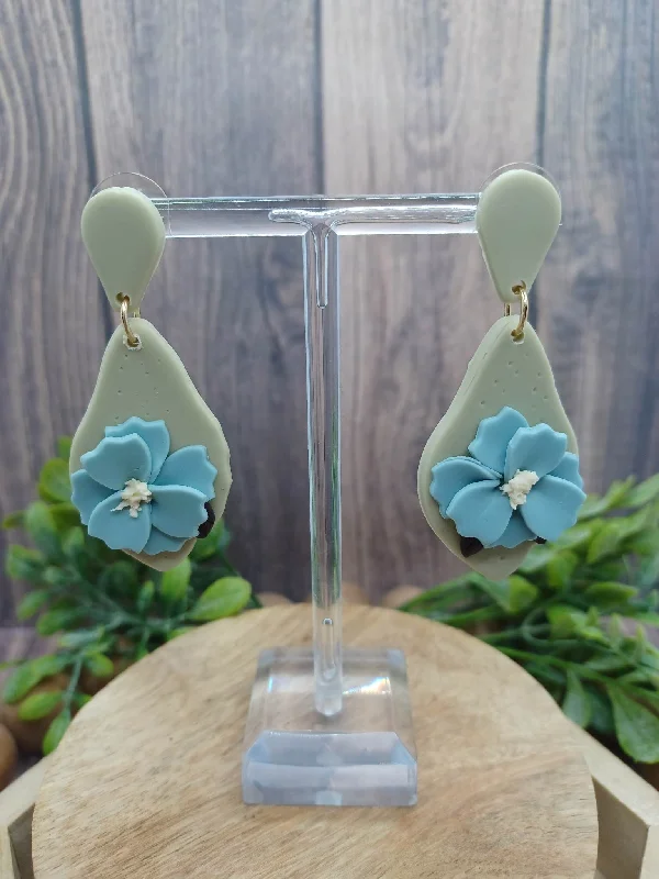 Christmas Snow Globe Decorations Green Clay Style Earrings w/ Blue Flower
