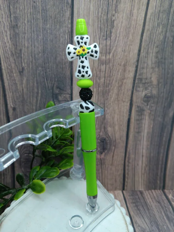 Christmas Holly Berry Wreaths Green & Cow Print Cross Beaded Ink Pen