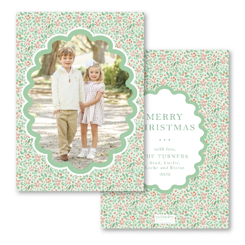 Christmas Fireplace Green Ditsy Poinsettia Holiday Card