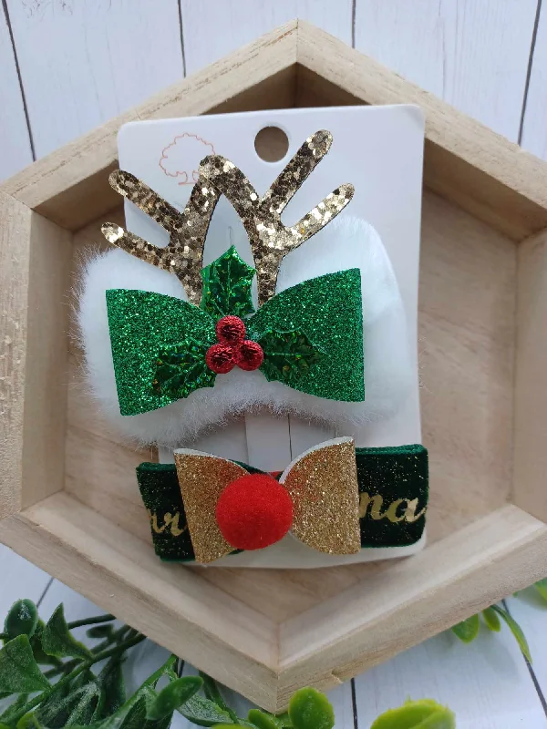 Christmas Glowing Christmas Stars Green & Gold Reindeer Hair Accessory Set