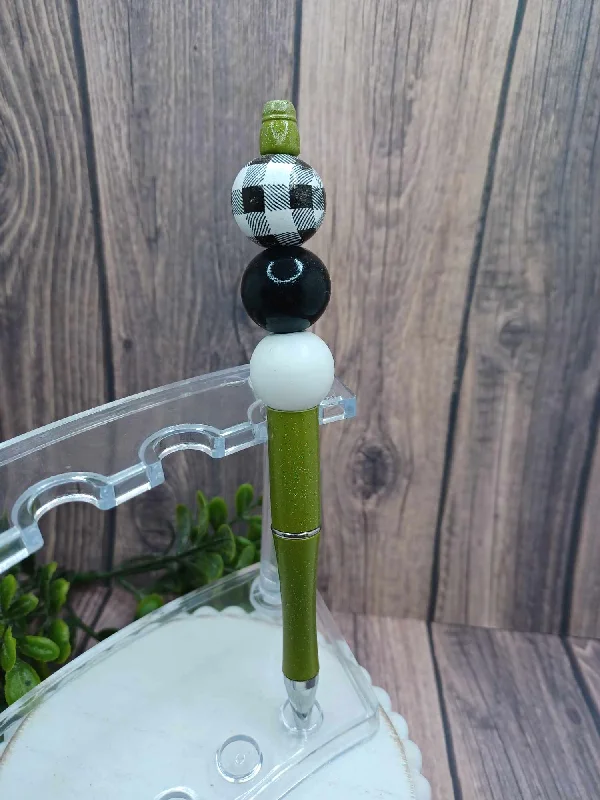 Christmas Festive Wonderland Green Ink Pen w/ Black & White Plaid Beads