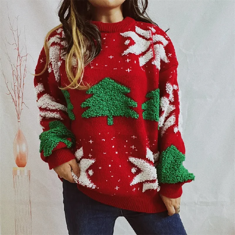 Christmas Classic Fireplace Setting Green Tree Embroidery Knitted Pullover Casual Loose Retro Christmas Sweater Christmas Classic Fireplace Setting Green Tree Embroidery Knitted Pullover Casual Loose Retro Christmas Sweater