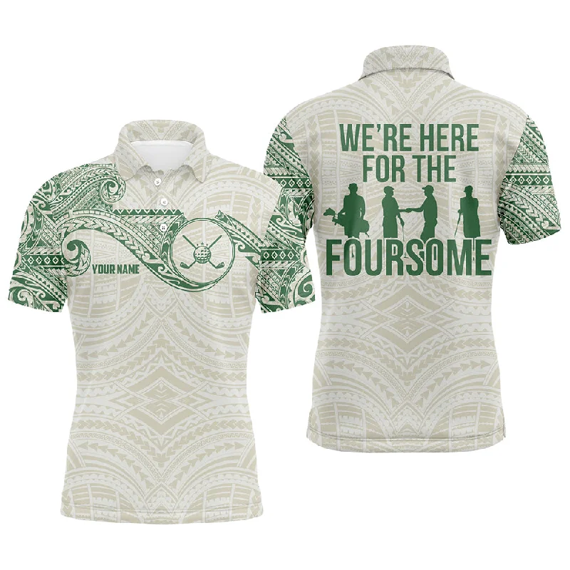 Green tribal pattern Mens golf polo shirts custom name We're here for the foursome team golf apparel NQS6624 Green tribal pattern Mens golf polo shirts custom name We're here for the foursome team golf apparel NQS6624