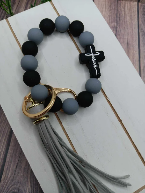 Christmas Movie Night Grey & Black Beaded Cross Jesus Wristlet Keychain