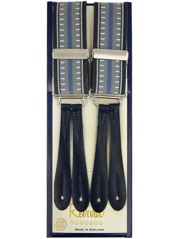 Holiday Fun Grey & Blue Stripe Braces with Blue Leather Loops