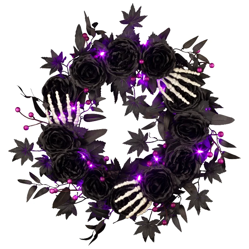 Halloween 24inch Artificial Bad to the Bone Wreath, 30 Purple LED Lights, Battery Operated