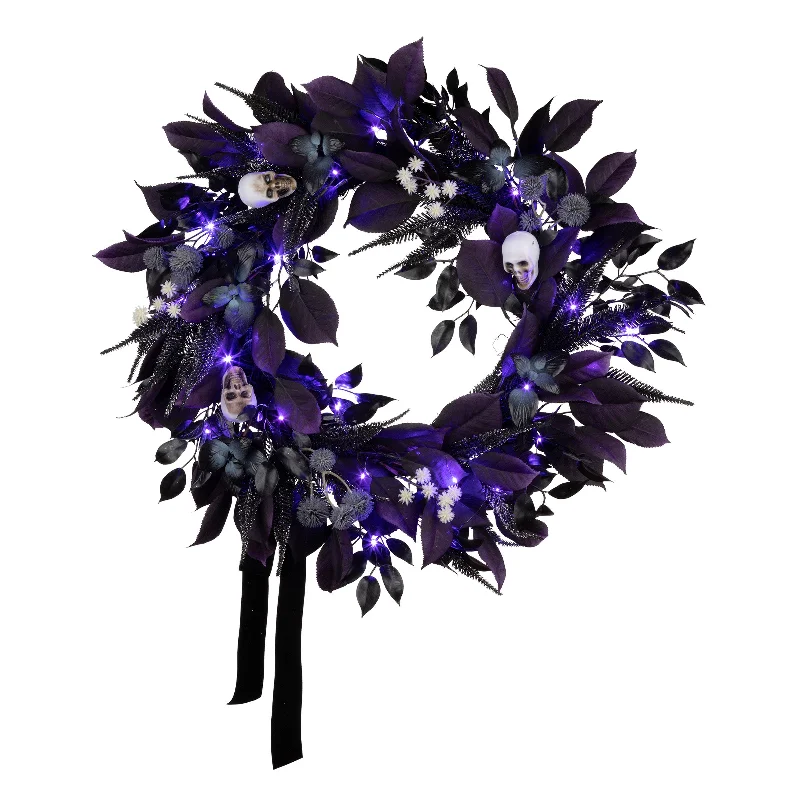 Halloween  26inch Artificial Floral Mini Skull Wreath, 30 Purple LED Lights, Battery Operated