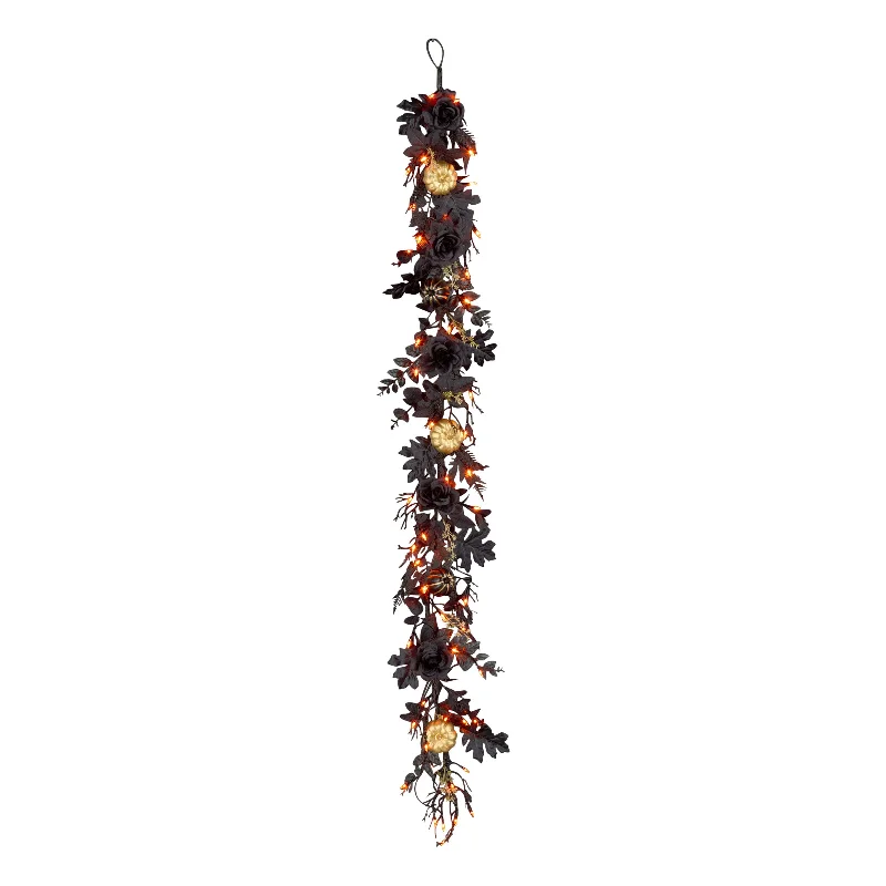 Halloween 6ft Artificial Chic Eek Black and Gold Garland, 50 Orange LED Lights, Battery Operated