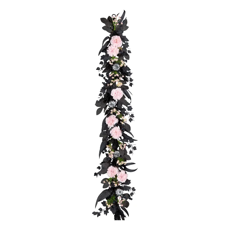 Halloween Artificial Pretty Morbid Pink Carnation Wreath, Black, Silver Pumpkins, 6 Feet