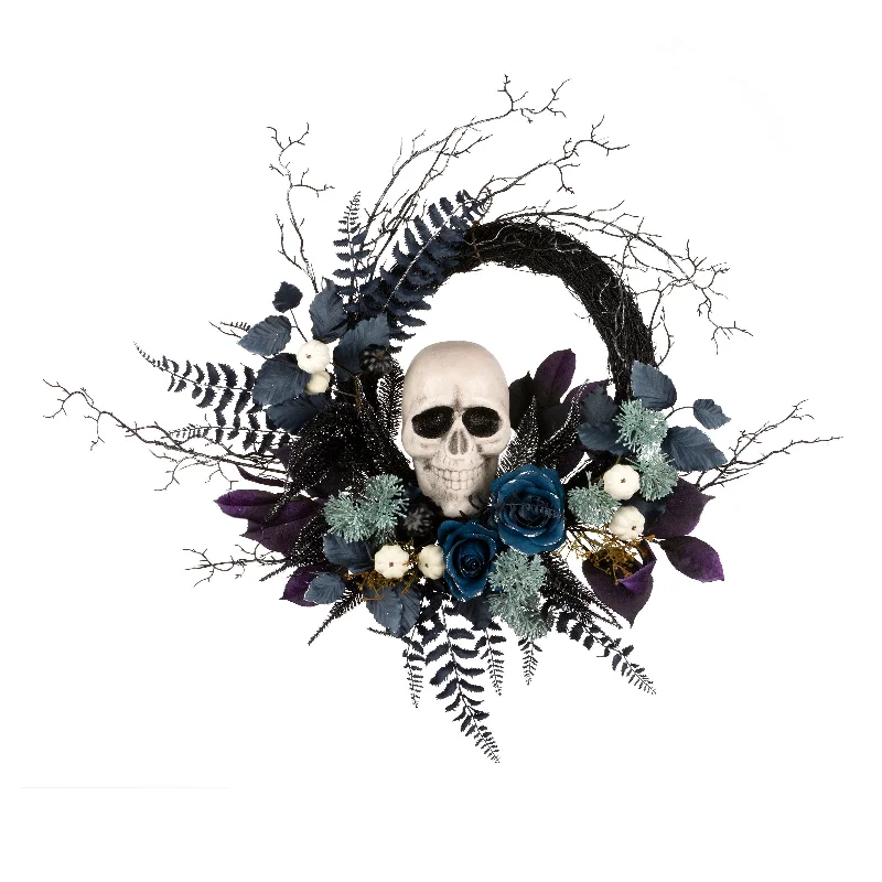 Halloween Artificial Skull Wreath, Black, 24inch