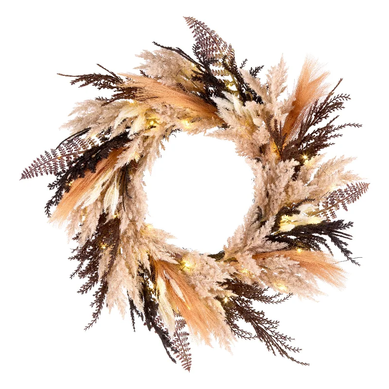 Halloween Pre-Lit Artificial Orange and Black Pampas Wreath, 30 Warm White LED Lights, Battery Operated, 26 inch