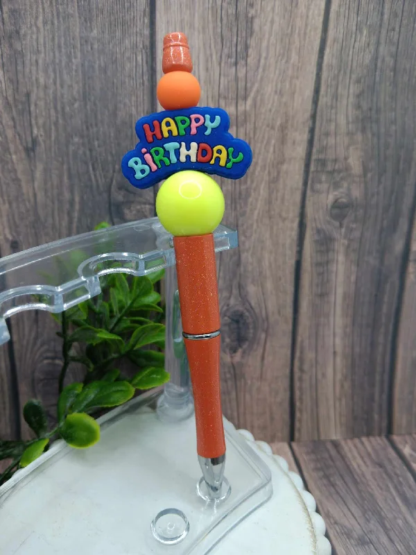 Christmas Crackling Wood Fire Happy Birthday Beaded Ink Pen - Orange