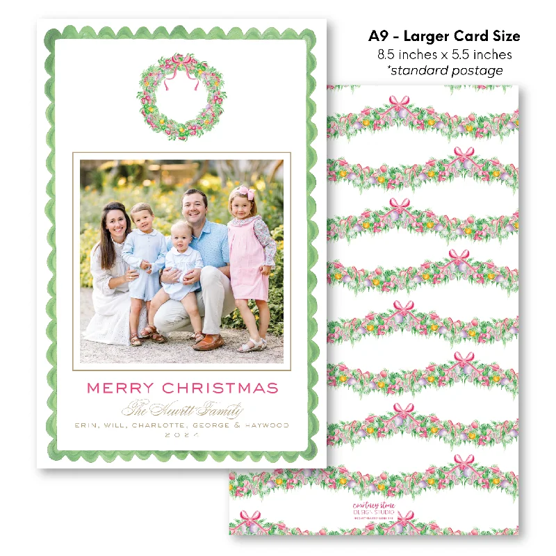 Christmas Winter Scenery 'HAPPY Holidays Wreath' Holiday Card - A9 - Larger Card Size