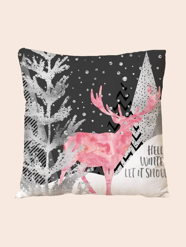 Christmas Handmade Pine Wreaths Hello Winter Let It Snow Pink Reindeer Pillow Cover