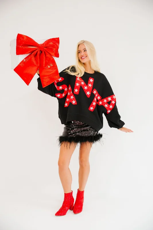 Christmas Glittery Star Decor HERE COMES SANTA BLACK PULLOVER