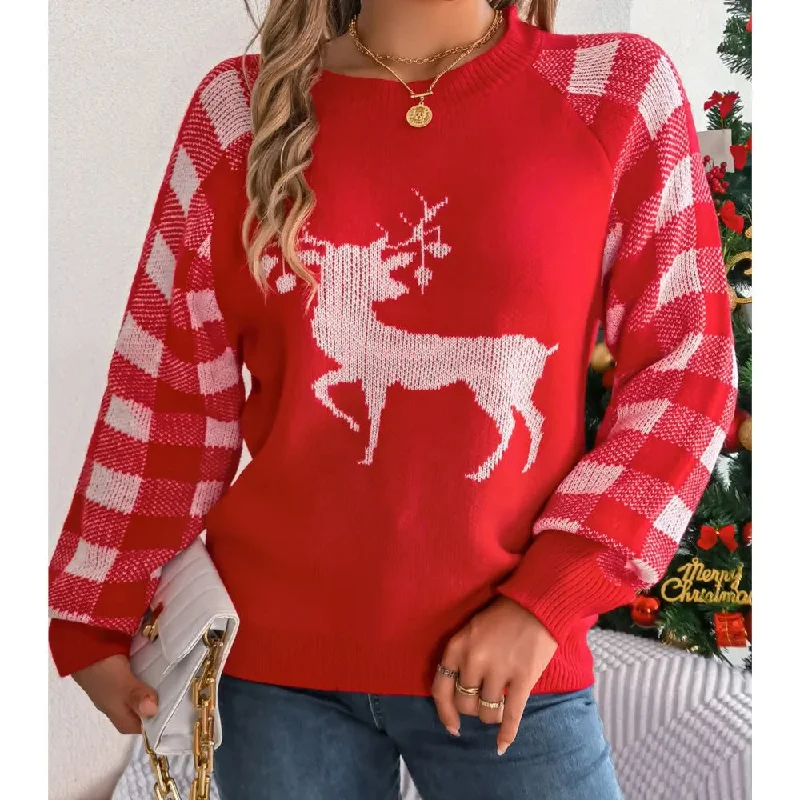 Christmas Holly Berry Wreaths Knitted Plaid Christmas Sweater with Round Neck and Long Sleeves for Autumn/Winter Christmas Holly Berry Wreaths Knitted Plaid Christmas Sweater with Round Neck and Long Sleeves for Autumn/Winter