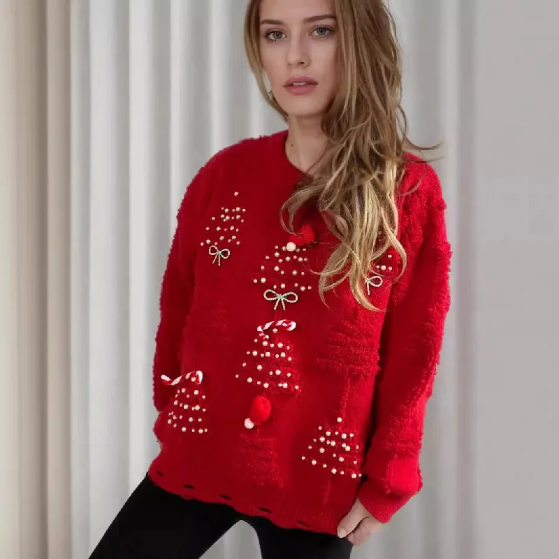 Christmas Dreamy Snowfall Korean Style Casual Loose Jumper with Chic Bow Christmas Sweater Christmas Dreamy Snowfall Korean Style Casual Loose Jumper with Chic Bow Christmas Sweater