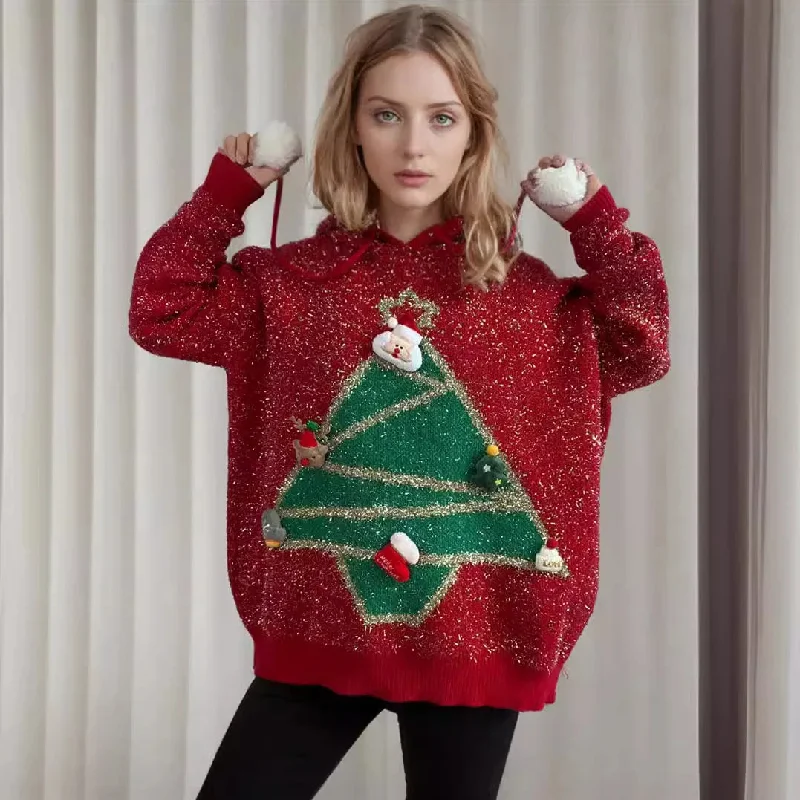 Christmas Tree Korean Style Christmas Tree Hooded Loose Ugly Casual Knitwear Sweater