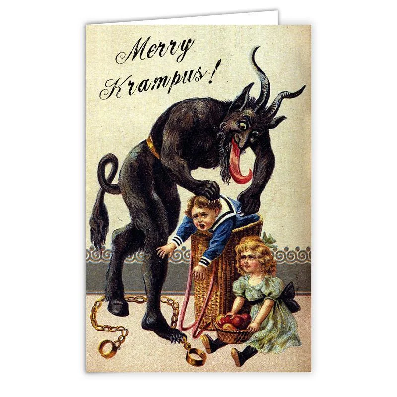 Christmas Winter Night Sky Kid in a Basket Krampus Card