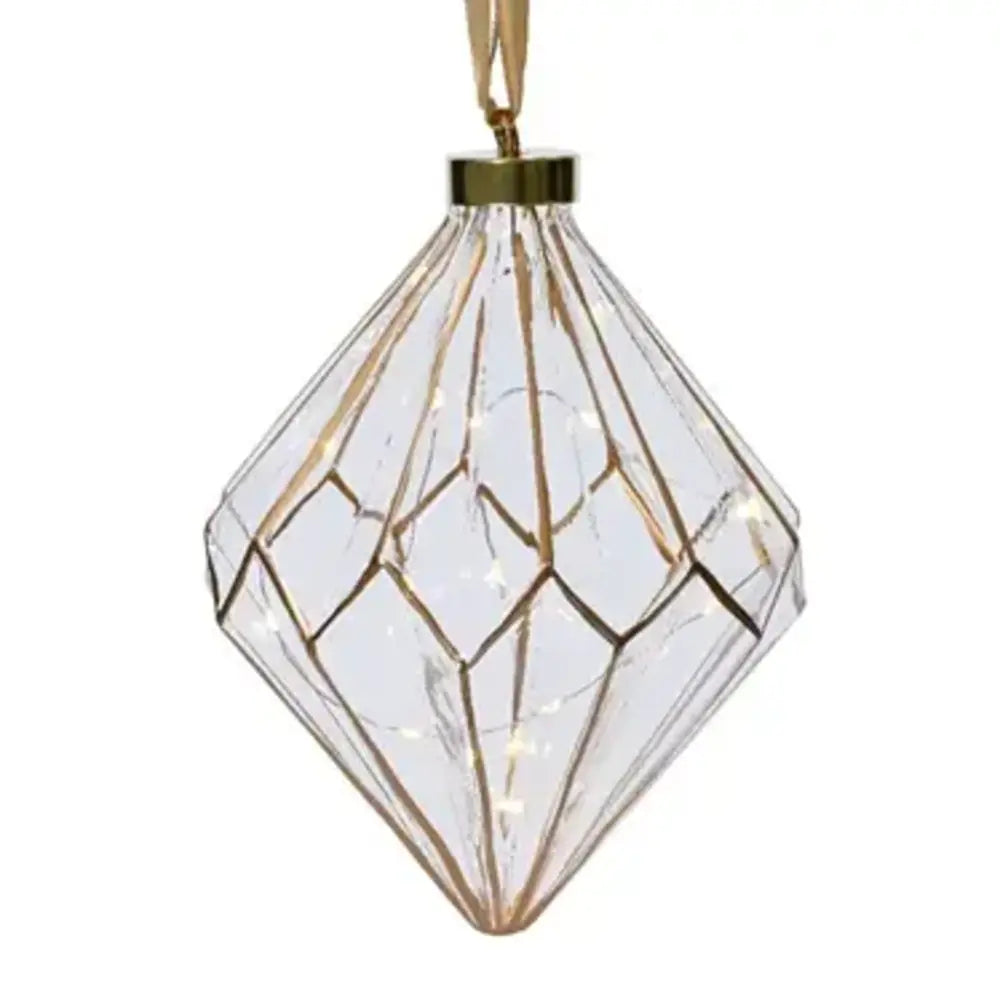 Christmas Garland Large Glass Diamond Shaped  Bauble with Micro LED Lights 16cm