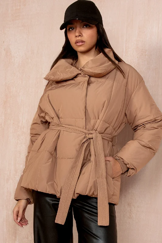 Christmas Tree Decorations Larisa Camel Belted Puffer Jacket