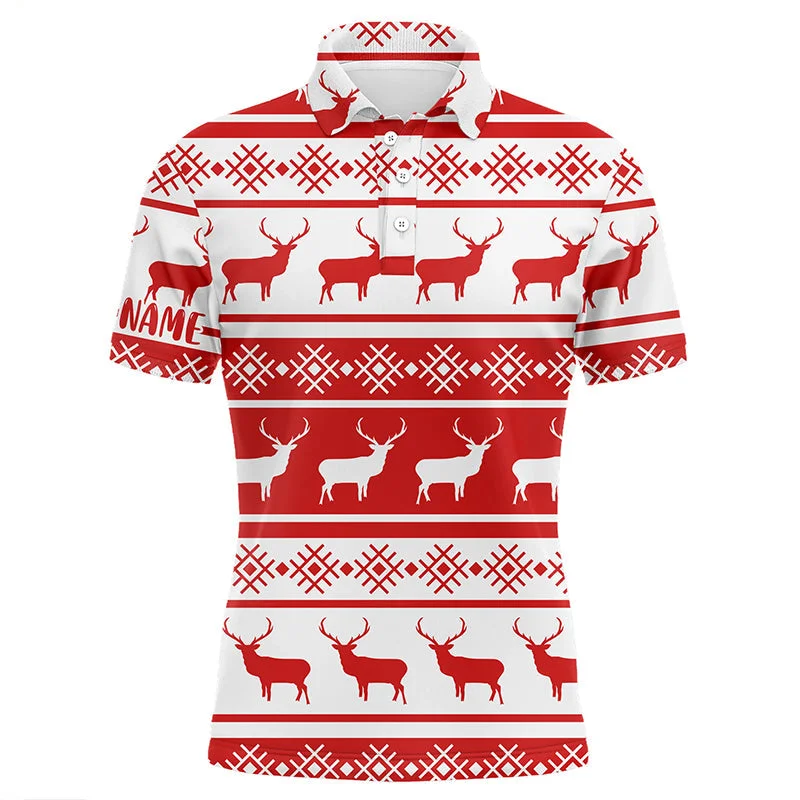 Christmas Seamless Pattern With Deer Red White Mens Golf Polo Shirts Custom Golf Shirts For Men LDT0572 Christmas Seamless Pattern With Deer Red White Mens Golf Polo Shirts Custom Golf Shirts For Men LDT0572
