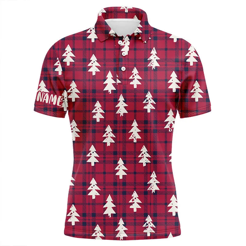 Red Checker Plaid Christmas Tree Mens Golf Polo Shirt Rustic Vintage Golf Shirts For Men LDT0584 Red Checker Plaid Christmas Tree Mens Golf Polo Shirt Rustic Vintage Golf Shirts For Men LDT0584