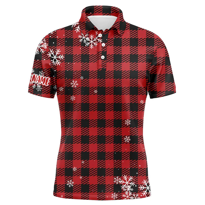 Christmas Snowflakes On Red Black Plaid Mens Golf Polos Personalized Golf Shirts For Men LDT0619 Christmas Snowflakes On Red Black Plaid Mens Golf Polos Personalized Golf Shirts For Men LDT0619