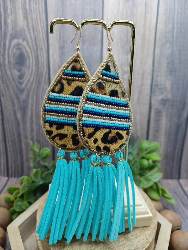 Christmas Songs Leopard Print Tassel Earrings w/ Teal & White Accents
