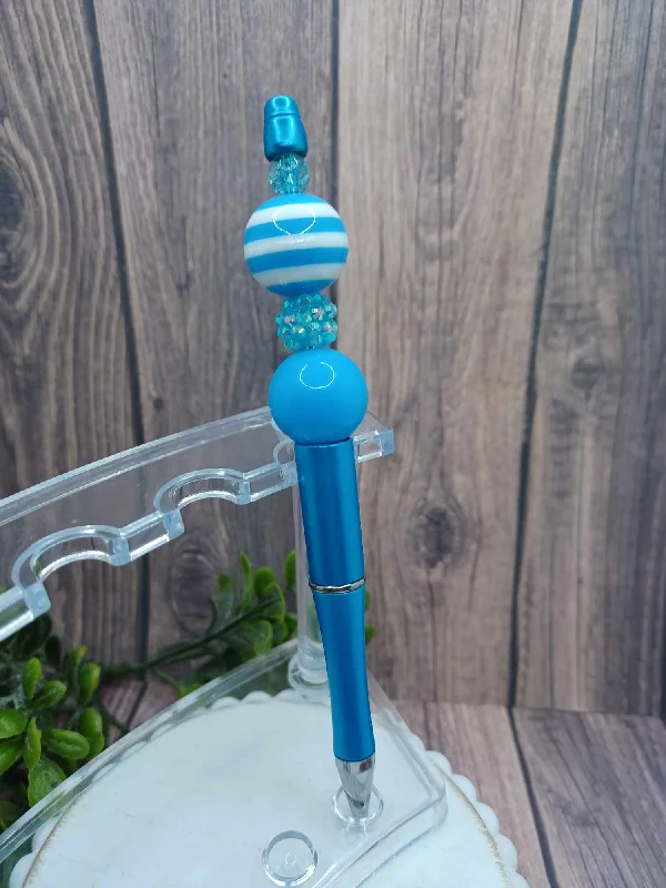 Christmas Jolly Festivities Light Blue Striped Beaded Ink Pen