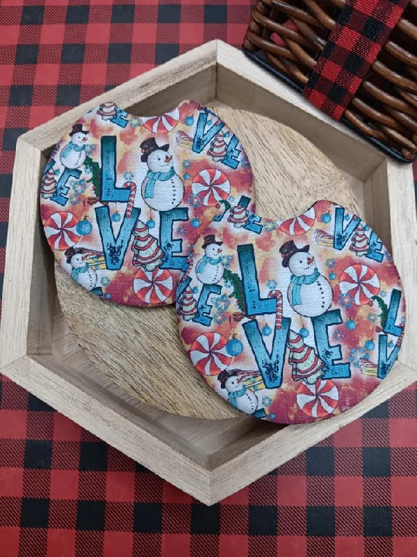 Christmas Snowfall LOVE Snowman Car Coaster Set
